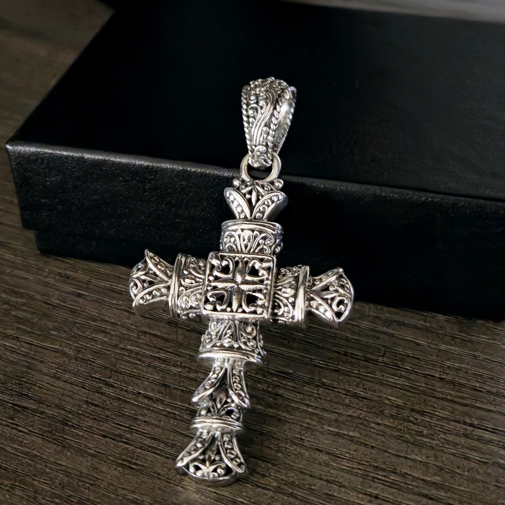 SARDA Designer Signed 925 Sterling Silver Cross Pendant 2.75" Bali - Picture 9 of 16